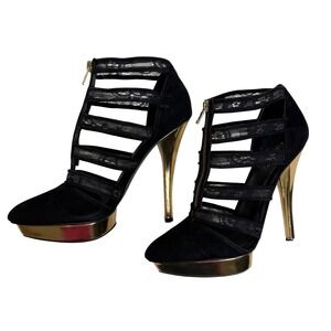 ShoeDazzle Nethia Black Lace Cage Platform Pumps Gold Stiletto Heels Womens 9.5‎